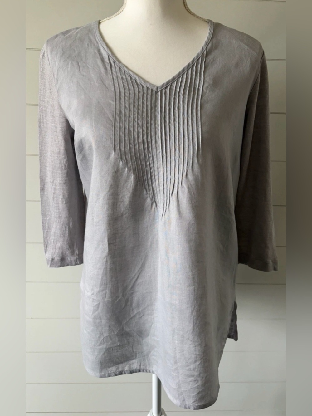 J.Jill Top Love Linen Tunic Women Gray Pin Tuck S Small 3/4 Sleeve